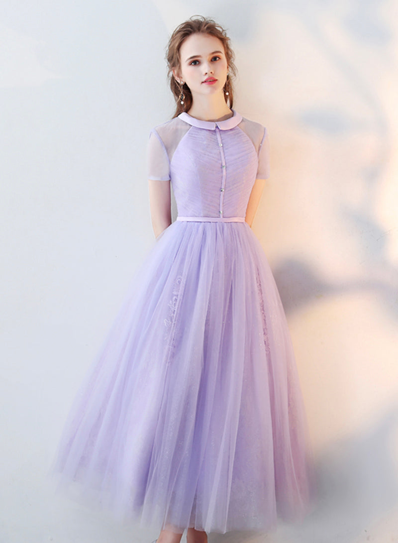 Cute Tulle Lace Tea Length Prom Dress, A-Line Beautiful Evening Dress