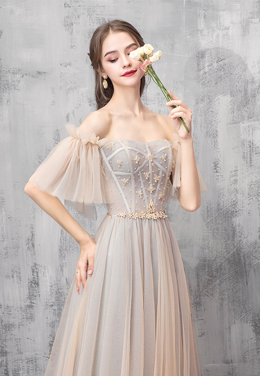 Cute Tulle Beaded Long Prom Dress, Off the Shoulder Evening Dress