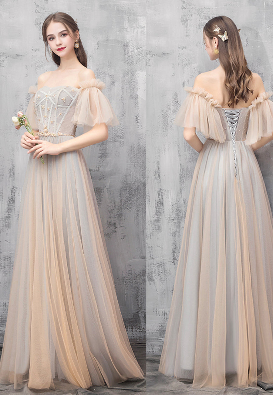 Cute Tulle Beaded Long Prom Dress, Off the Shoulder Evening Dress