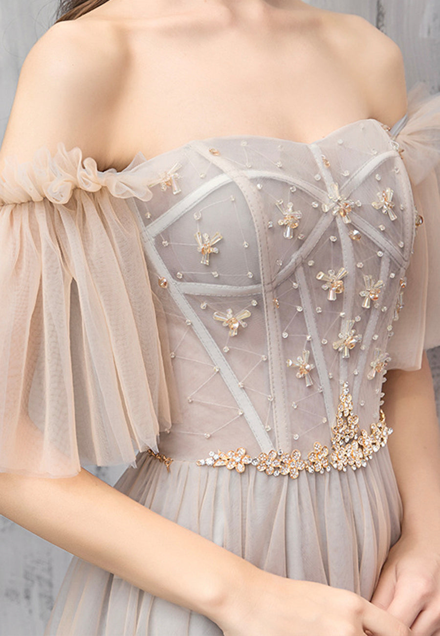 Cute Tulle Beaded Long Prom Dress, Off the Shoulder Evening Dress