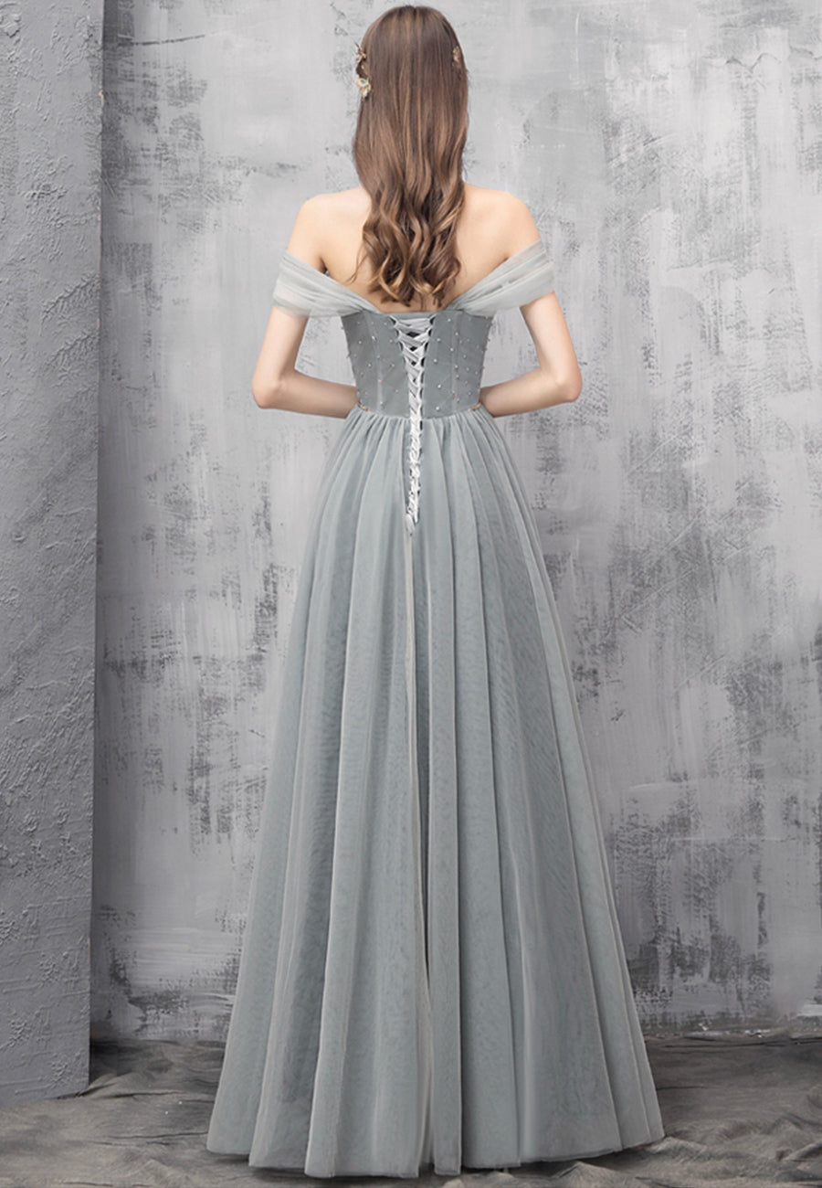 Gray Tulle Beaded Long Prom Dress, Off the Shoulder Evening Dress