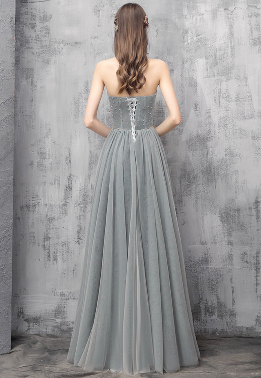 Gray Tulle Beaded Long Prom Dress, A-Line Sweetheart Evening Dress