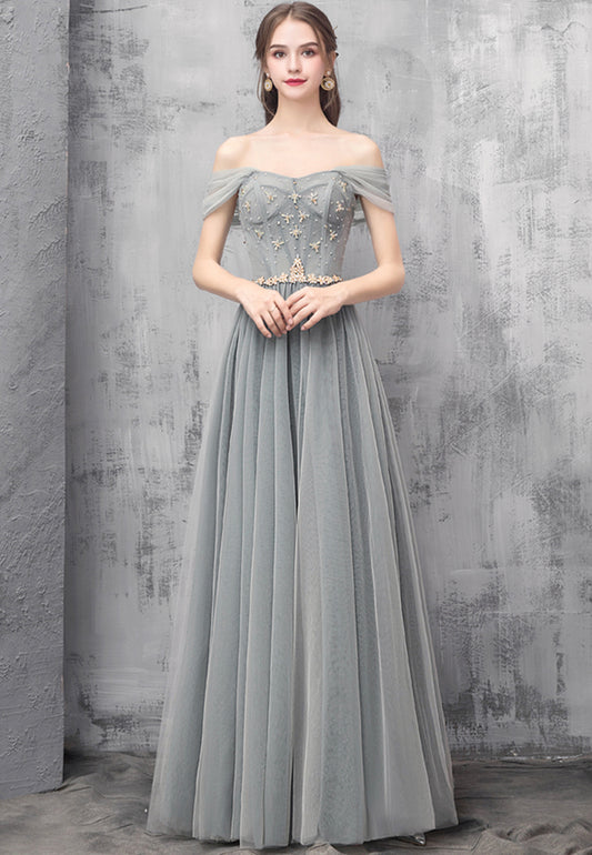 Gray Tulle Beaded Long Prom Dress, Off the Shoulder Evening Dress