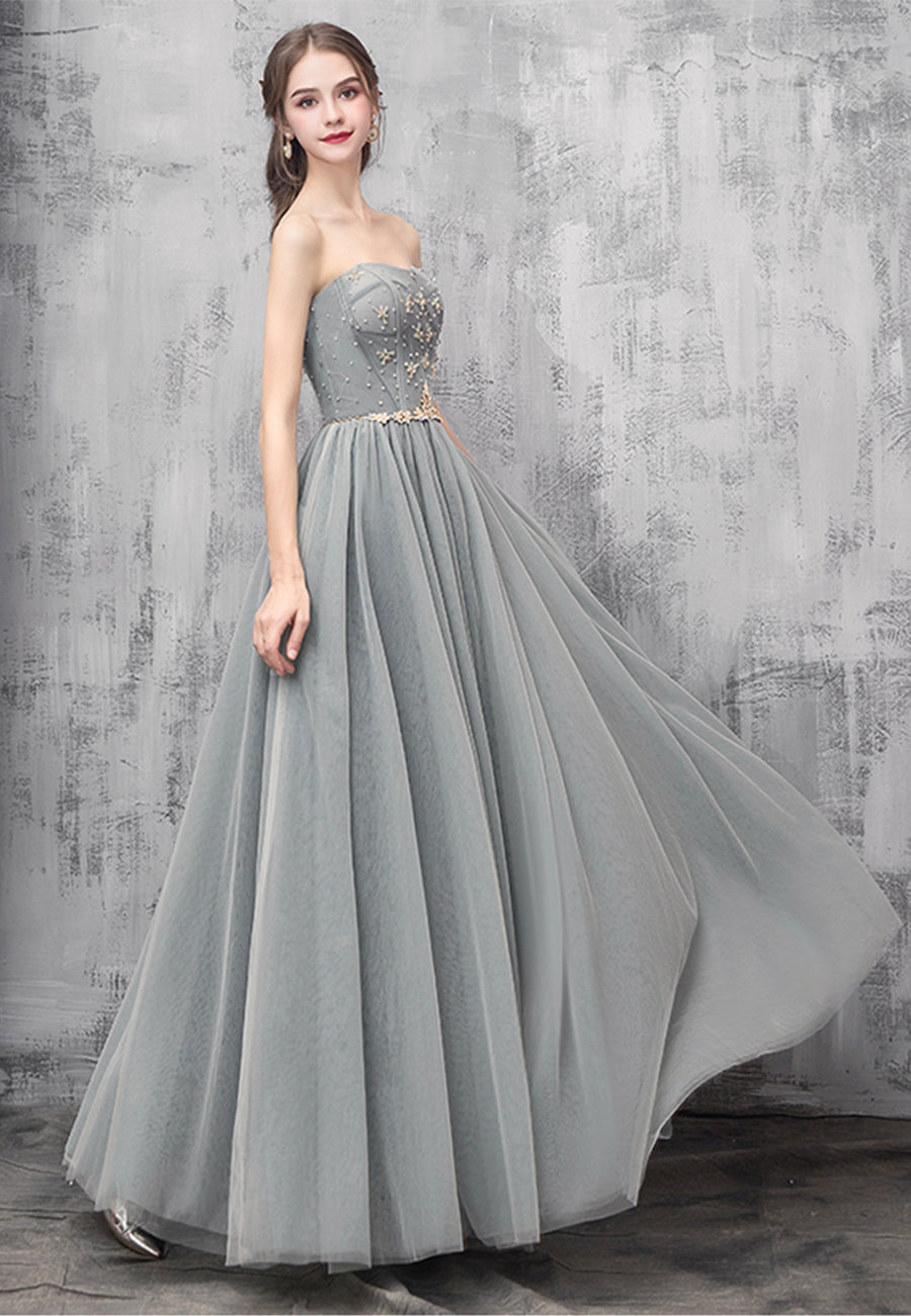 Gray Tulle Beaded Long Prom Dress, A-Line Sweetheart Evening Dress