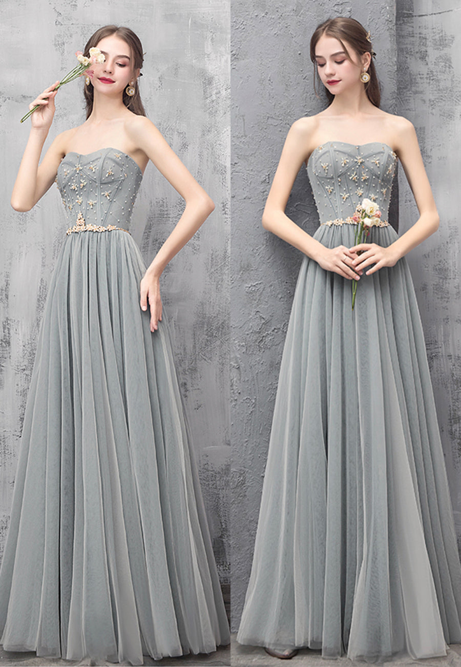 Gray Tulle Beaded Long Prom Dress, A-Line Sweetheart Evening Dress
