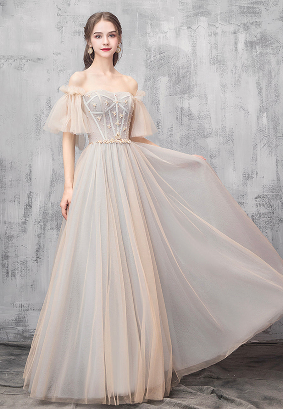 Cute Tulle Beaded Long Prom Dress, Off the Shoulder Evening Dress