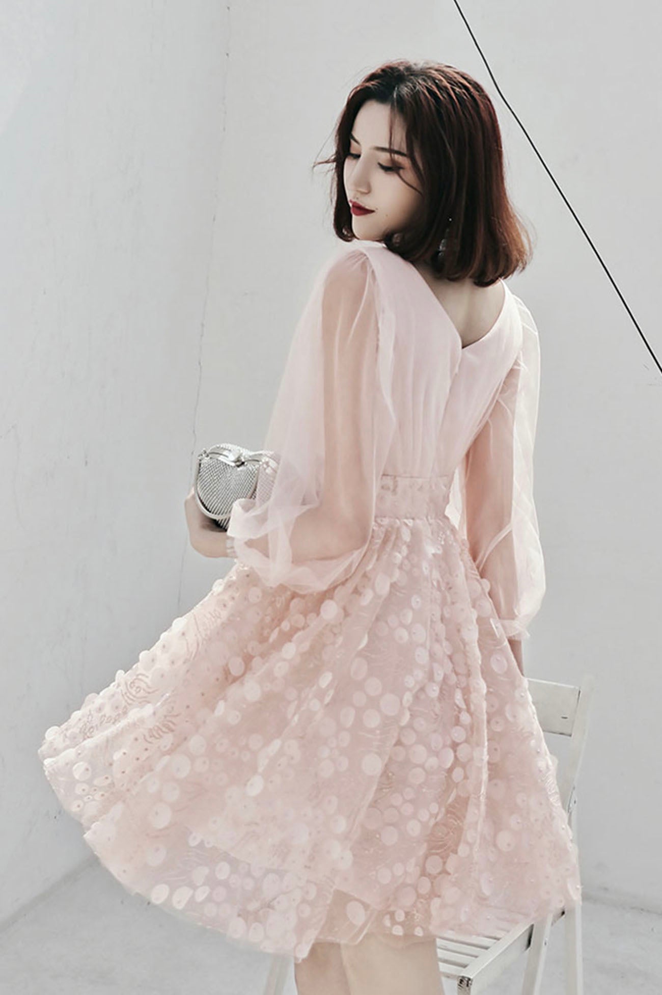 Pink V-neck tulle short prom dress homecoming dress