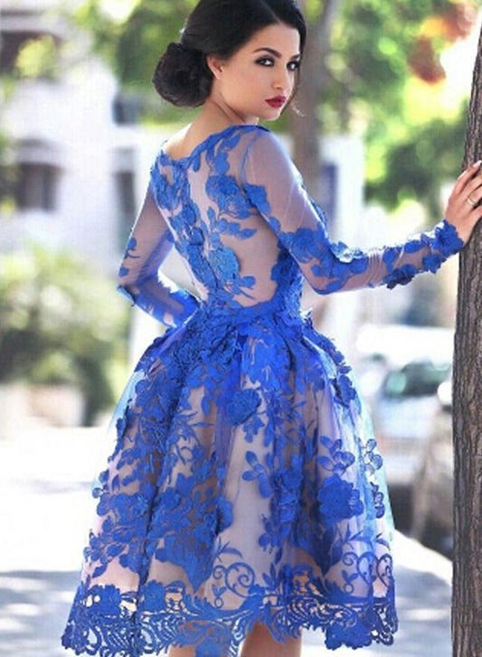 Royal Blue Lace Long Sleeve Prom Dress, Blue Short Evening Party Dress