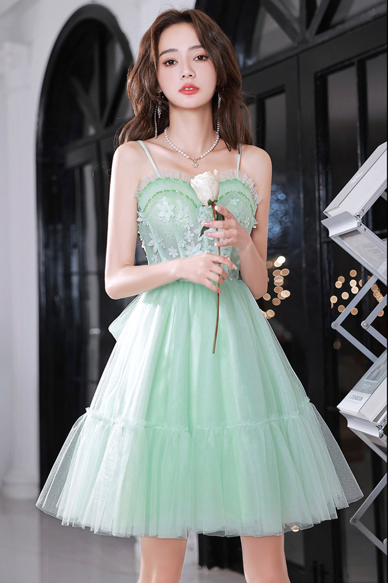Green Tulle Flowers Short Party Dress, Green Spaghetti Strap Sweetheart Neck Evening Dress