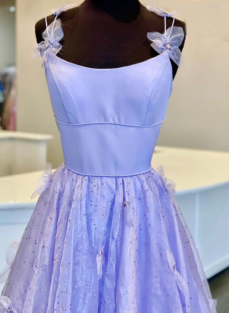 Purple Tulle Long A-Line Prom Dress, Beautiful Spaghetti Strap Evening Party Dress