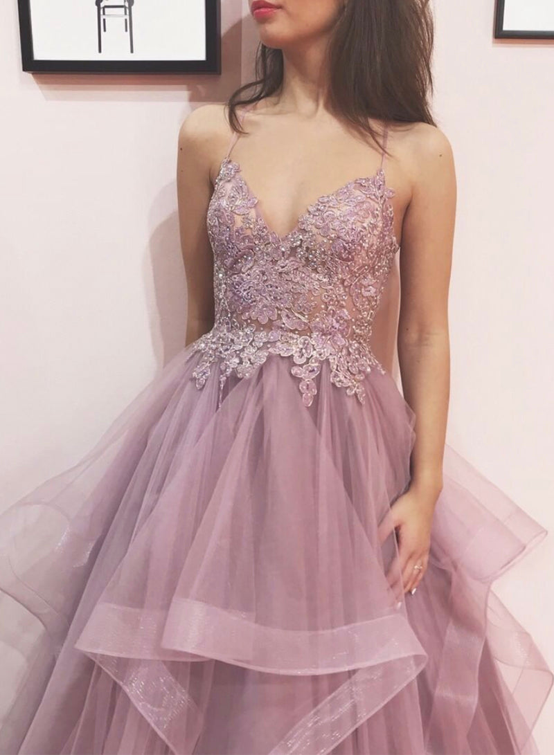 Pink V-Neck Tulle Lace Long Prom Dress, A-Line Spaghetti Strap Evening Dress