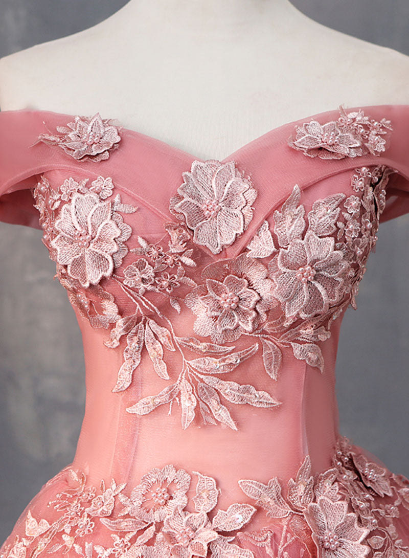 Pink Tulle Lace Short Prom Dress, Off the Shoulder Evening Party Dress