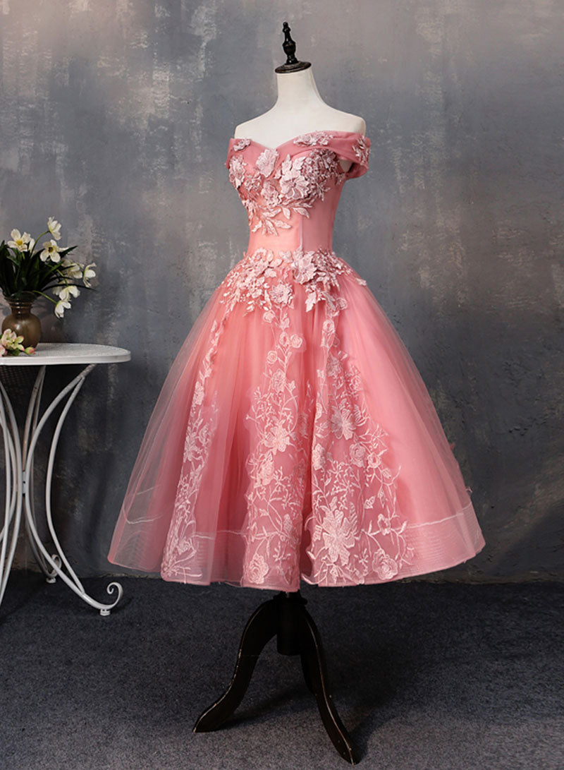 Pink Tulle Lace Short Prom Dress, Off the Shoulder Evening Party Dress