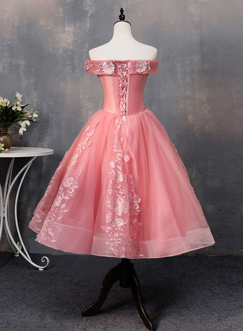 Pink Tulle Lace Short Prom Dress, Off the Shoulder Evening Party Dress