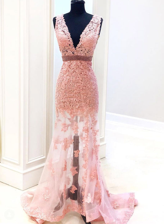 Pink V-Neck Lace Long Prom Dress