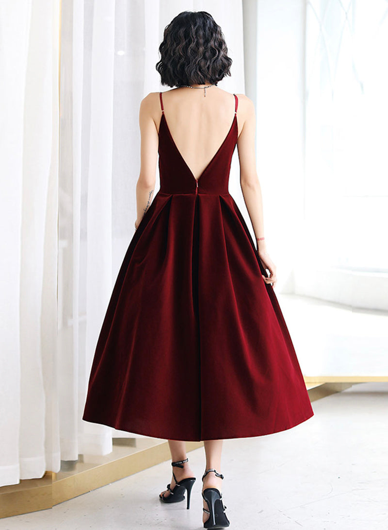 Burgundy V-Neck Velvet Short Prom Dress, A-Line Spaghetti Strap Evening Dress