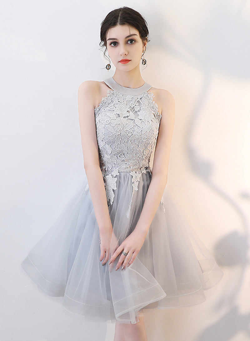 Gray Tulle Lace Short Prom Dress, Cute A-Line Party Dress