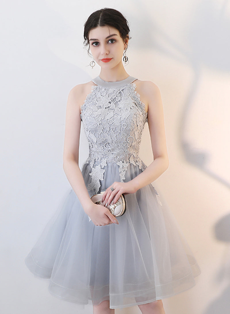 Gray Tulle Lace Short Prom Dress, Cute A-Line Party Dress