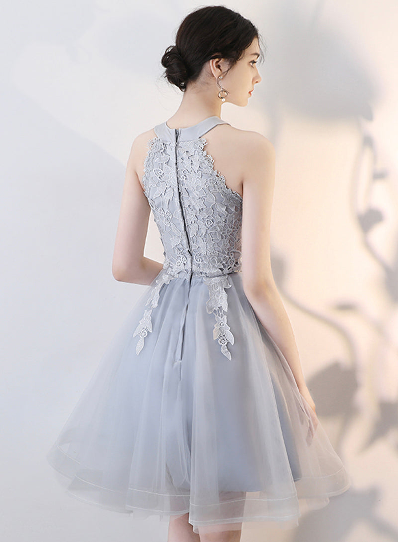 Gray Tulle Lace Short Prom Dress, Cute A-Line Party Dress