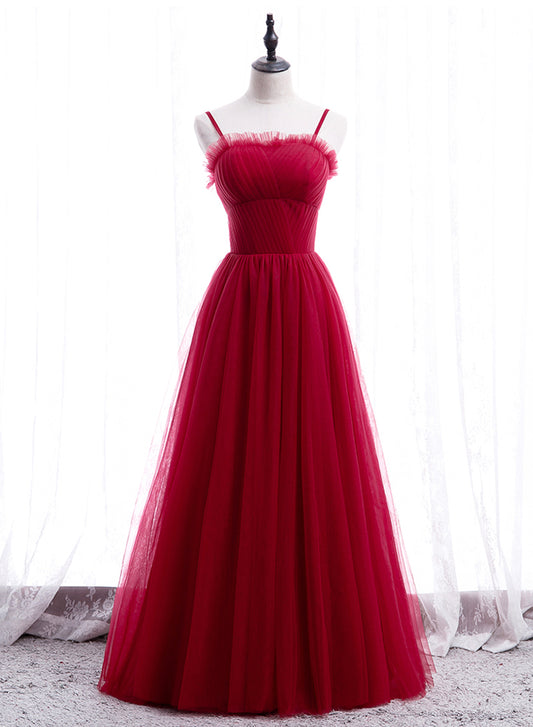 Simple Tulle Long Prom Dress, Red Spaghetti Strap Evening Party Dress