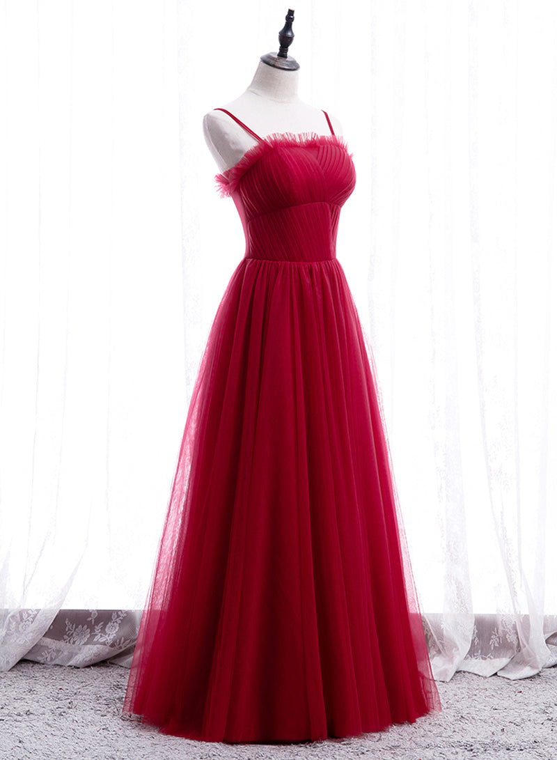 Simple Tulle Long Prom Dress, Red Spaghetti Strap Evening Party Dress