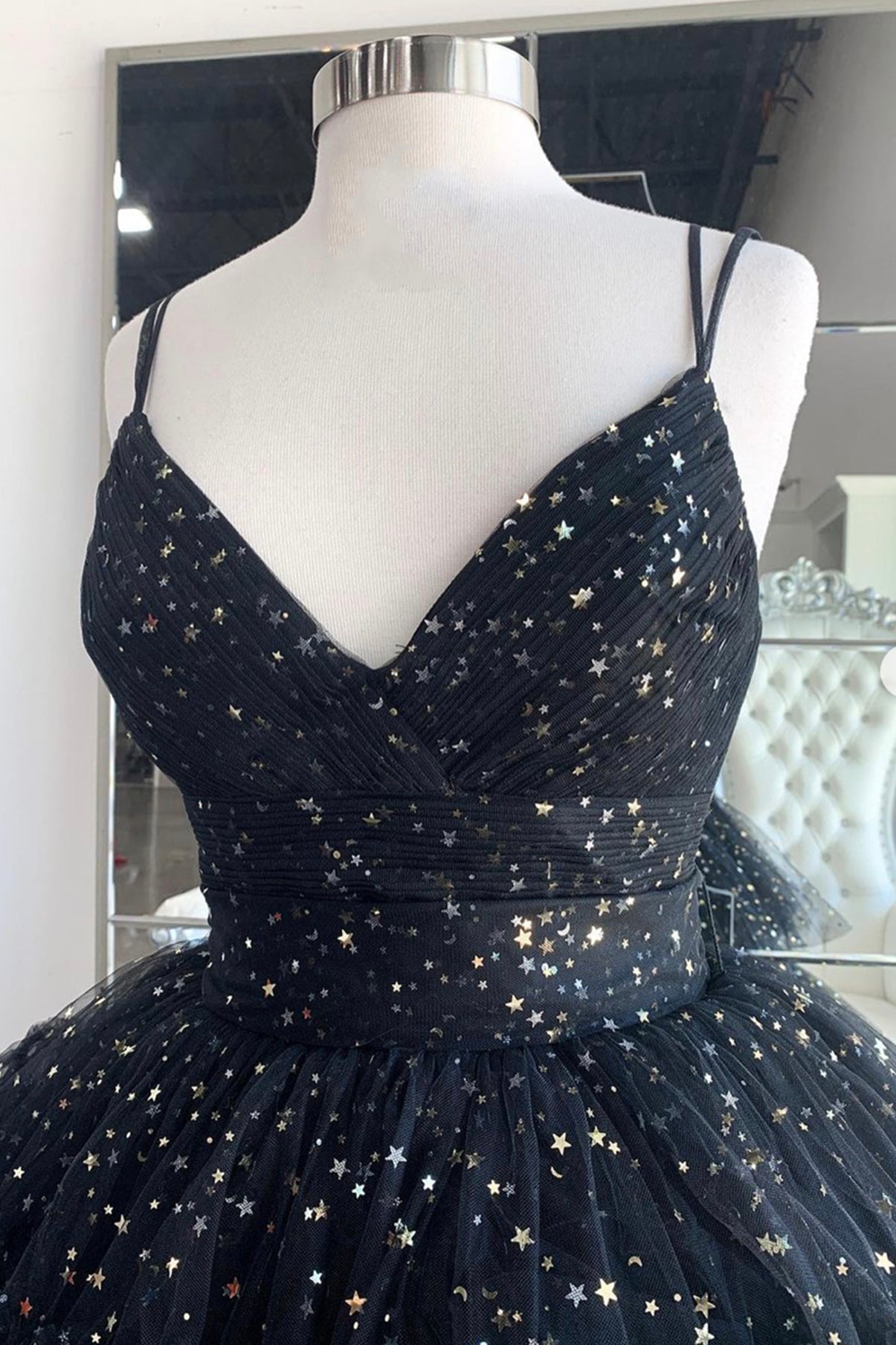 Black V-Neck Tulle Long Prom Dress, A-Line Backless High Low Evening Dress