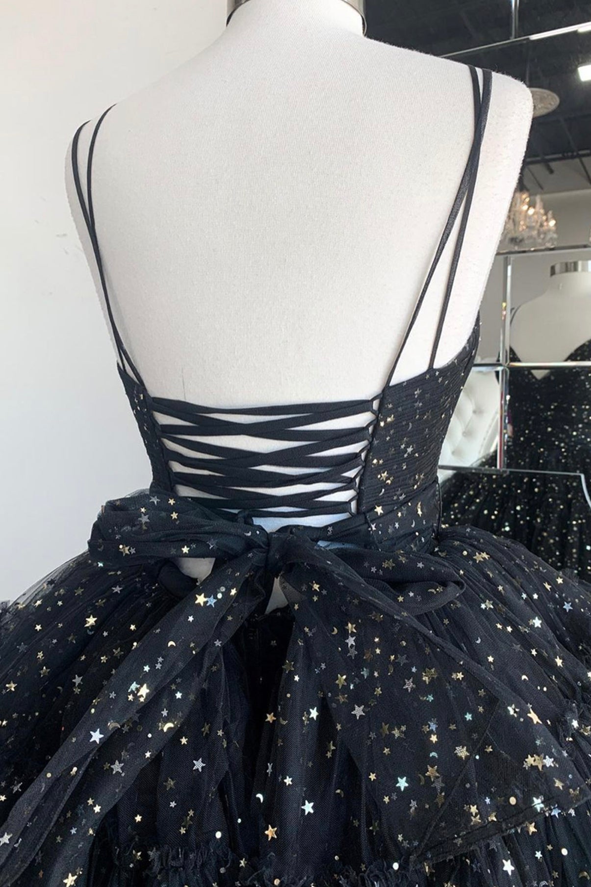 Black V-Neck Tulle Long Prom Dress, A-Line Backless High Low Evening Dress