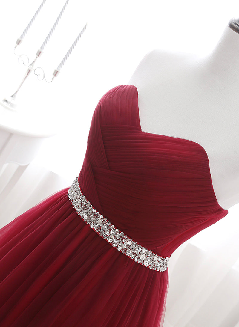 Burgundy Strapless Tulle Beaded Long Prom Dress
