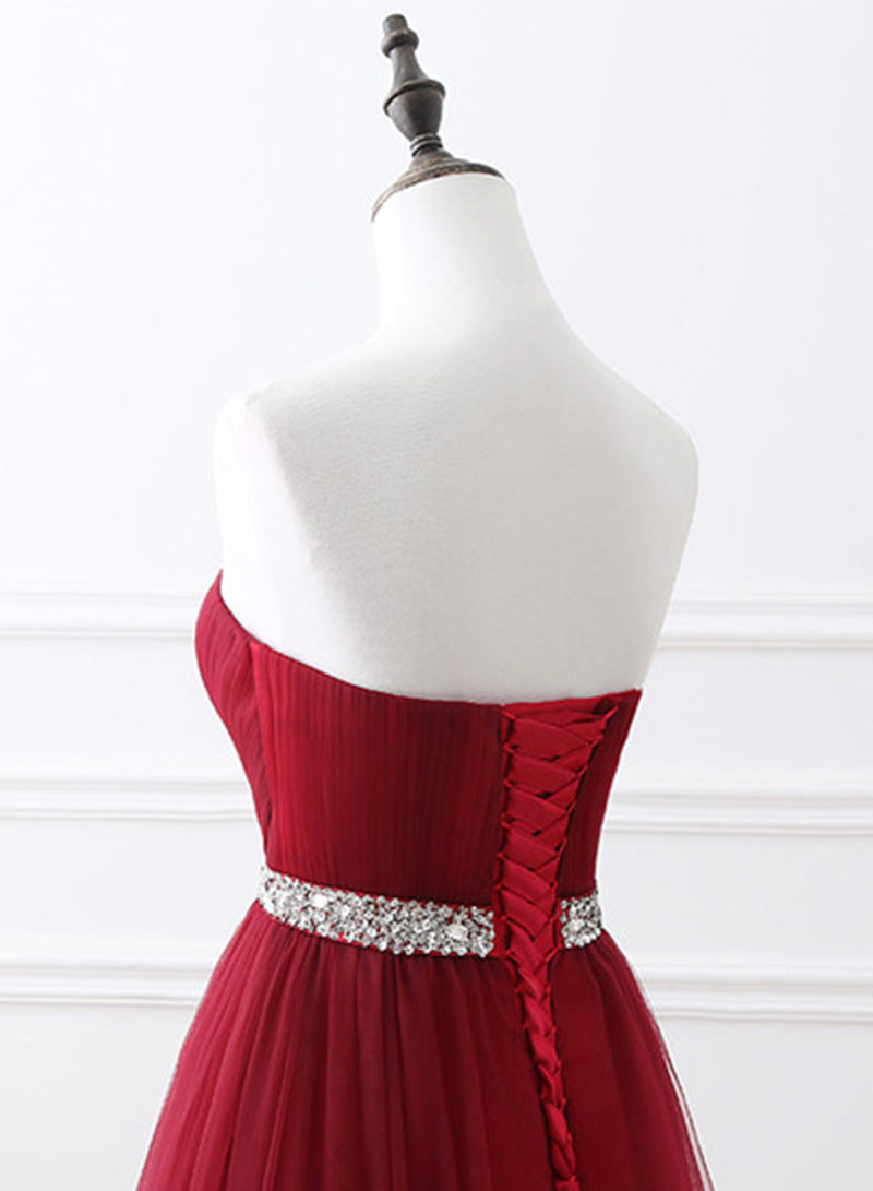Burgundy Strapless Tulle Beaded Long Prom Dress