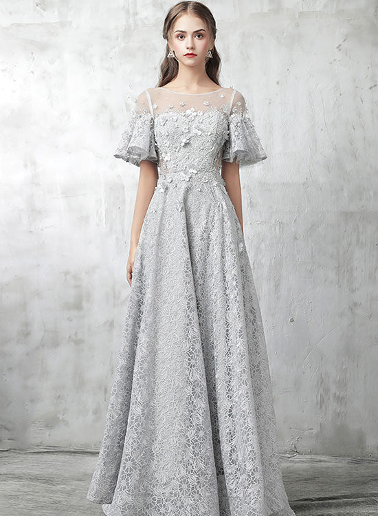 Gray Lace Floor Length Prom Dress, Gray A-Line Evening Party Dress