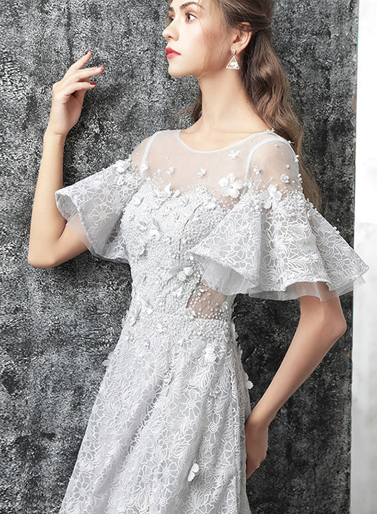 Gray Lace Floor Length Prom Dress, Gray A-Line Evening Party Dress