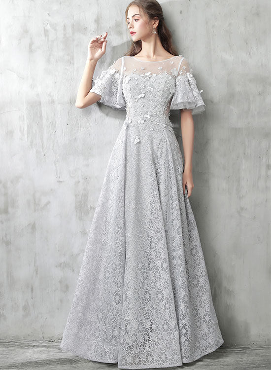 Gray Lace Floor Length Prom Dress, Gray A-Line Evening Party Dress