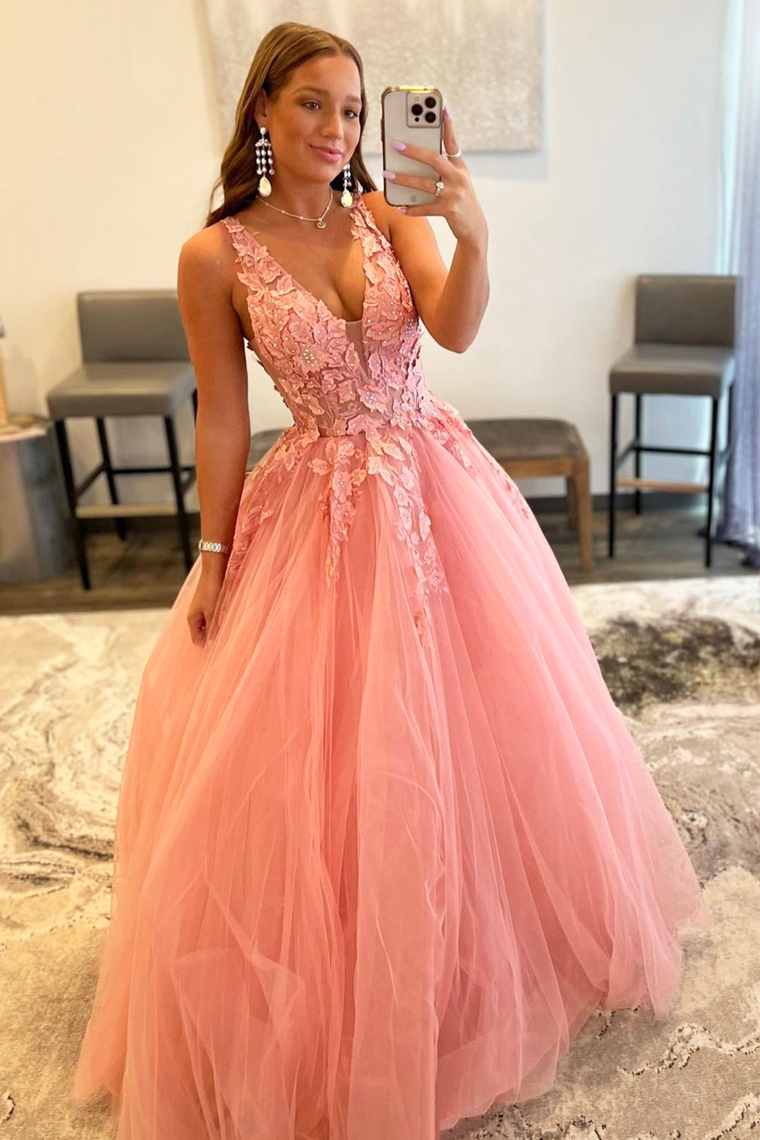 Pink V-Neck Tulle Long Prom Dress, Beautiful A-Line Formal Evening Dress