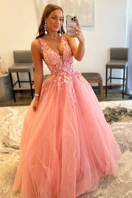 Pink V-Neck Tulle Long Prom Dress, Beautiful A-Line Formal Evening Dress