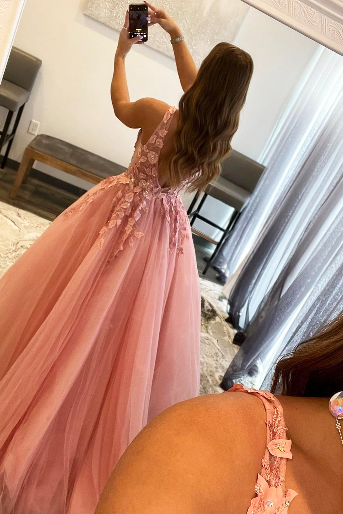 Pink V-Neck Tulle Long Prom Dress, Beautiful A-Line Formal Evening Dress