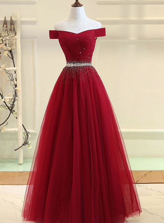 Burgundy Off the Shoulder Floor Length Prom Dress, Burgundy Evening Party Dress