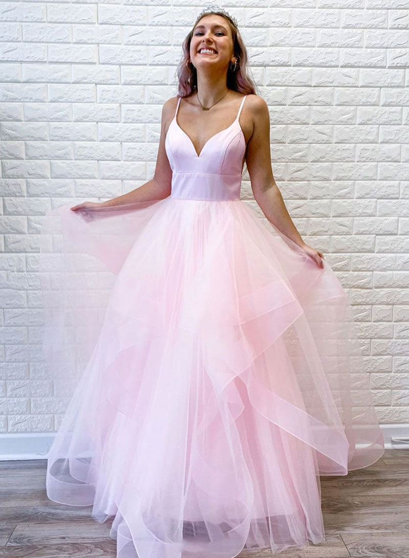 Cute V-Neck Tulle Floor Length Prom Dress, Beautiful Spaghetti Strap Evening Party Dress