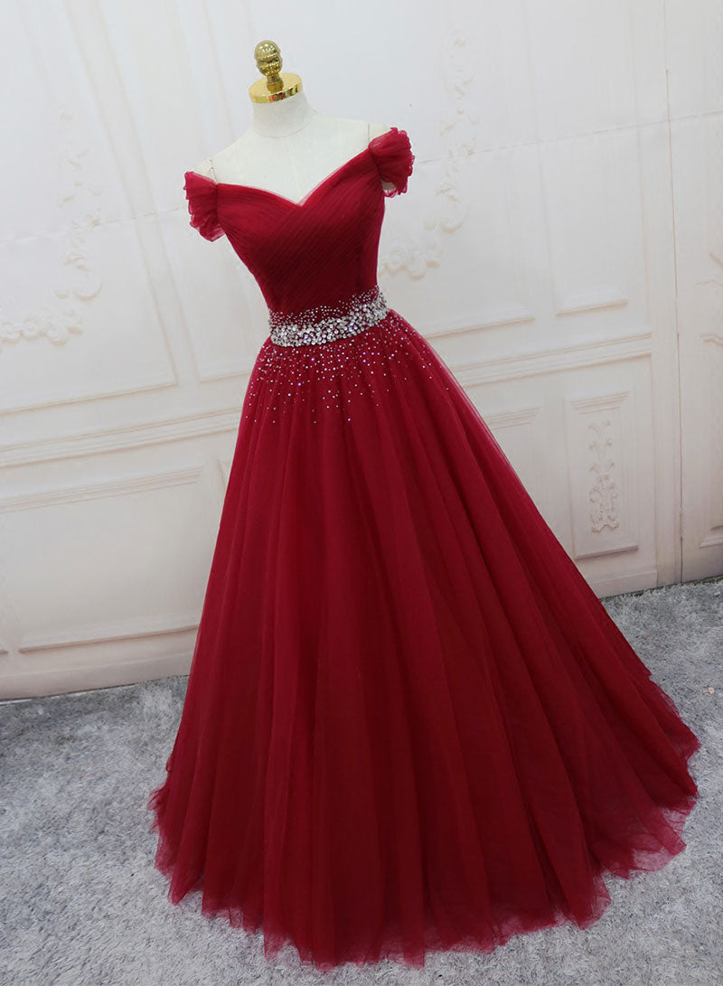 Burgundy Tulle Beaded Long Prom Dress, Off the Shoulder Evening Party Dress