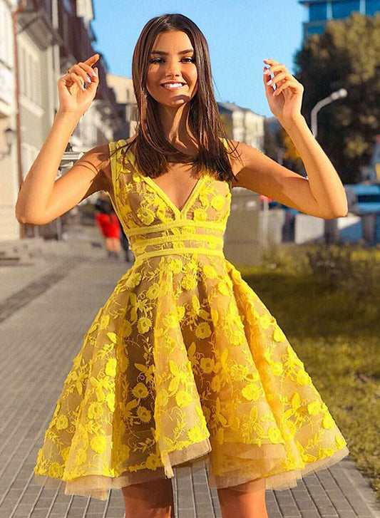 Yellow V-Neck Tulle Lace Short Prom Dress, Cute A-Line Party Dress