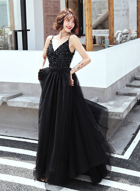 Black V-Neck Tulle Sequins Long Prom Dress, Black A-Line Evening Party Dress
