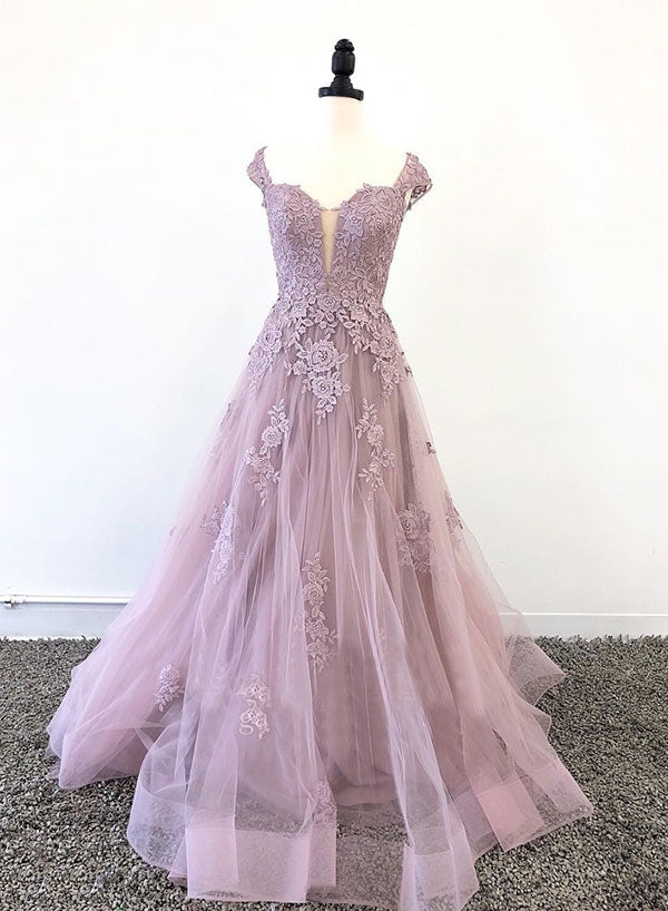 Beautiful Tulle Lace Long Formal Dress, A-Line Backless Evening Dress