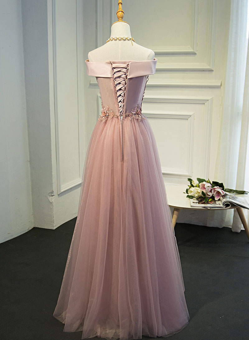 Pink Floor Length Tulle Lace Long Prom Dress, A-Line Off the Shoulder Evening Dress