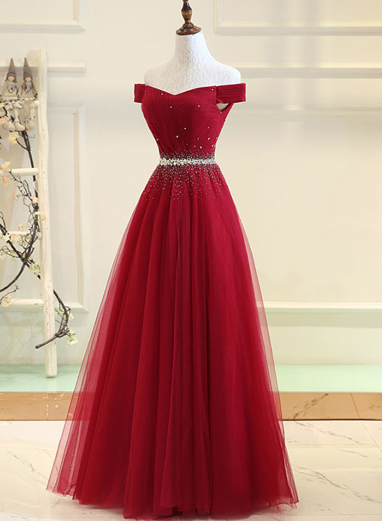 Burgundy Off the Shoulder Floor Length Prom Dress, Burgundy Evening Party Dress