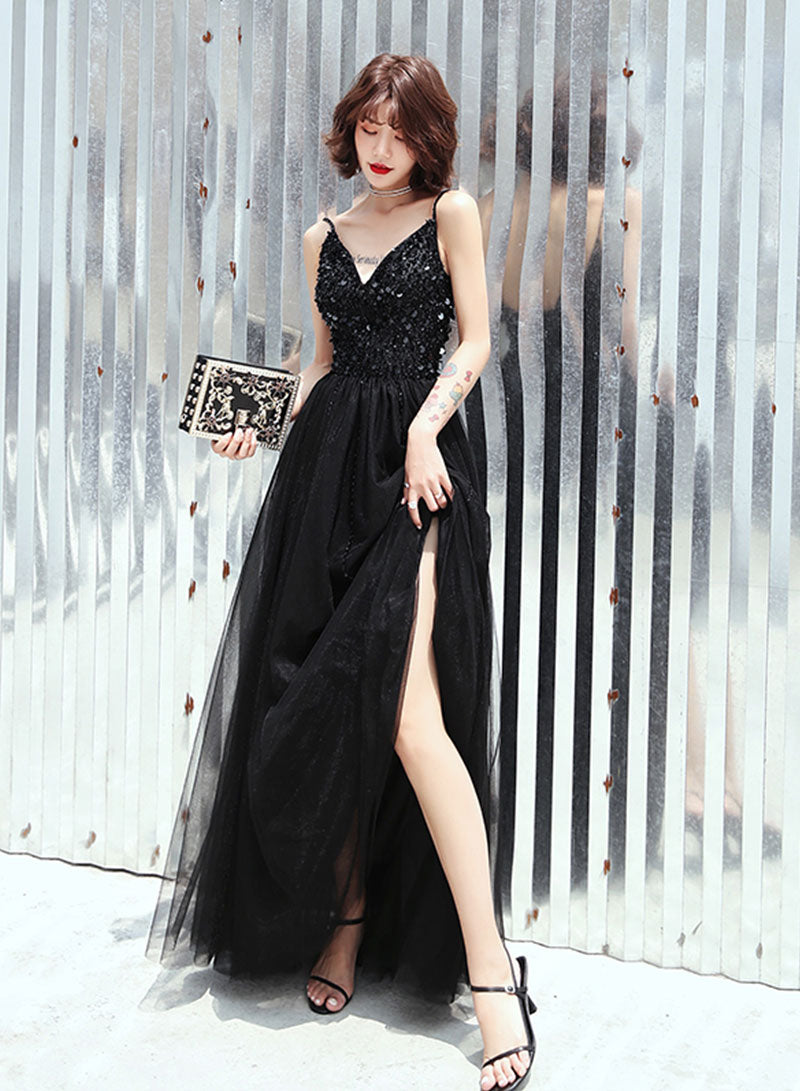 Black V-Neck Tulle Sequins Long Prom Dress, Black A-Line Evening Party Dress