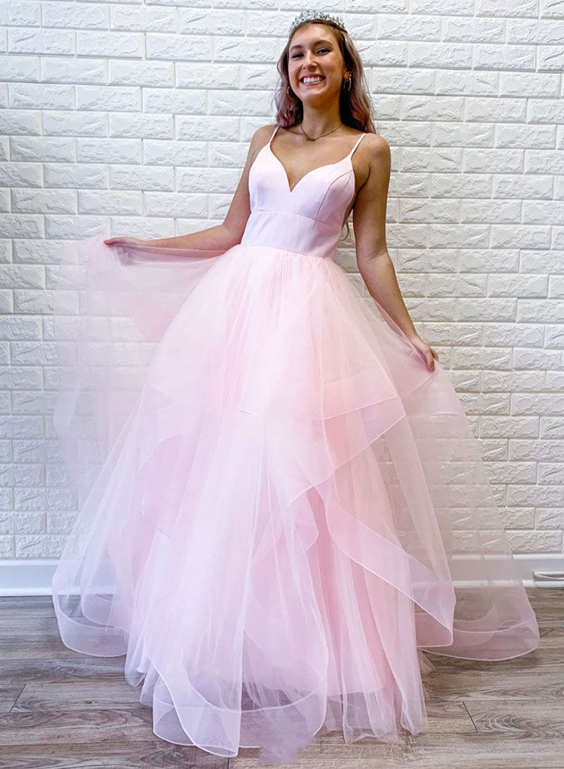 Cute V-Neck Tulle Floor Length Prom Dress, Beautiful Spaghetti Strap Evening Party Dress