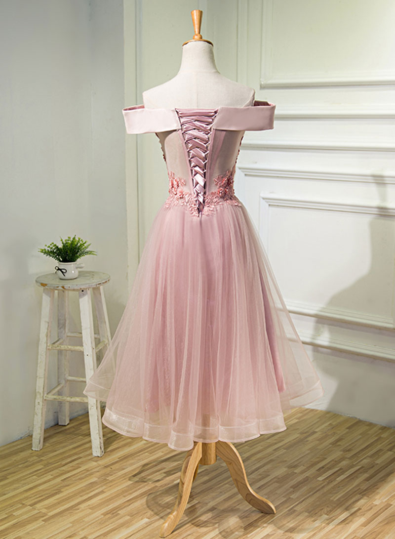 Pink Tulle Lace Short Prom Dress, A-Line Off the Shoulder Party Dress