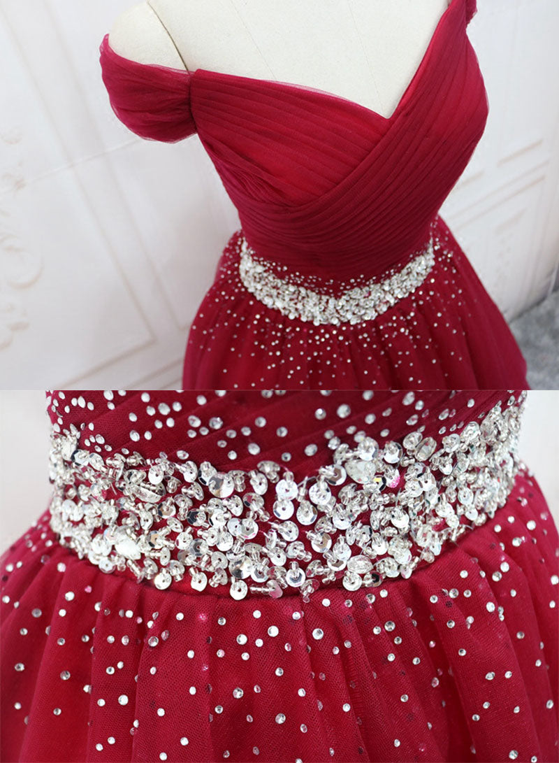 Burgundy Tulle Beaded Long Prom Dress, Off the Shoulder Evening Party Dress