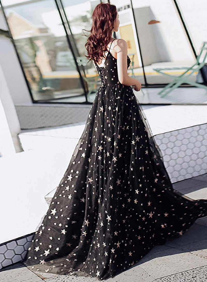 Black Spaghetti Strap Tulle Long Prom Dress with Star, Black A-Line Evening Party Dress