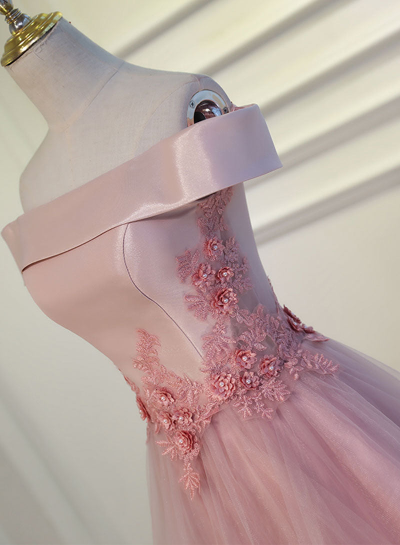 Pink Tulle Lace Short Prom Dress, A-Line Off the Shoulder Party Dress