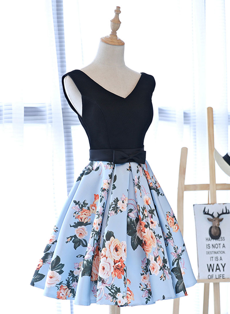 Cute V-Neck Floral Pattern Short Prom Dress, A-Line Evening Party Dress